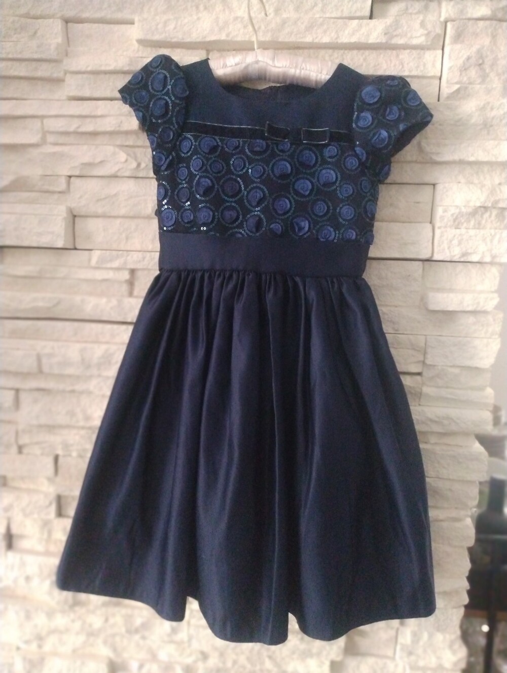 Navy Blue Girls' Party Dress with Embroidered Bodice